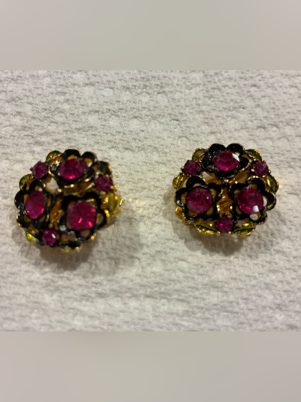 Gold-Tone Floral Clip Earrings with Fuchsia Stones women’s clip on earrings